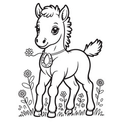 Naklejka premium Sweet Baby Horse with Mane and Bell Necklace Line Art for Farm Animal Coloring Page
