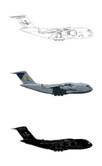 C-17 Globemaster III Military Aircraft – Realistic Color, Silhouette, and Blueprint Line Art – Side Profile Triple Style Aviation Illustration