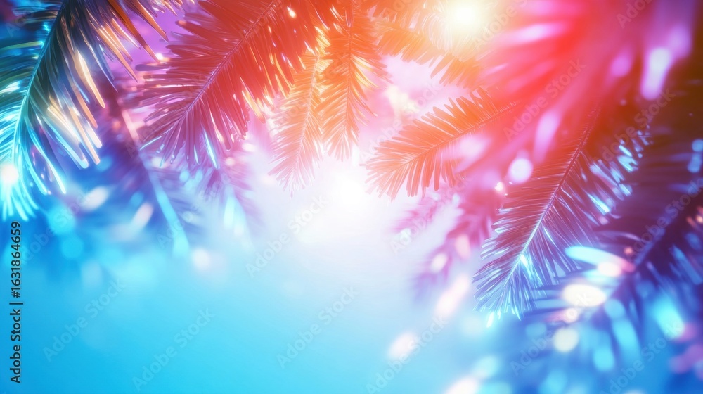 Poster colorful light patterns through pine branches create a festive atmosphere