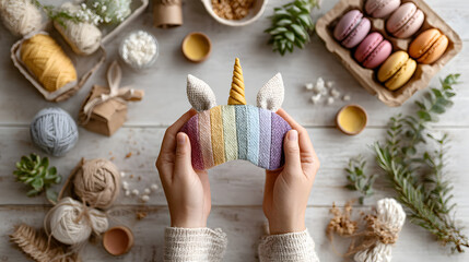 Hands holding a colorful unicorn-shaped plush toy surrounded by crafting materials and delicious macarons on a rustic wooden table. Selective focus