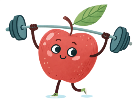 Cheerful red apple lifting weights with green leaf isolated on a transparent background image