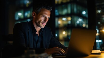 Obraz premium Man in suit working on laptop at night with city lights visible through the window behind him