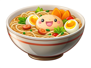 Cheerful cartoon ramen bowl with happy face isolated on a transparent background noodles carrot