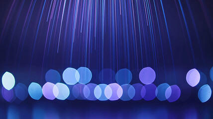 Abstract blue and purple background with streaming light trails and bokeh effect representing data flow and digital communication.
