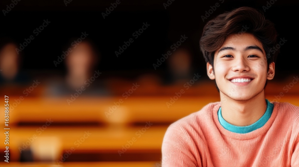 Poster young man smiling in classroom with students in background during lecture