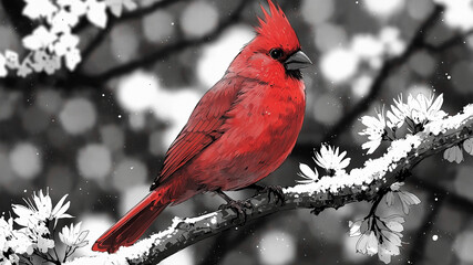 Northern cardinal bird on a branch, monochrome anime  illustration