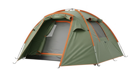 Green dome tent with orange accents on black background