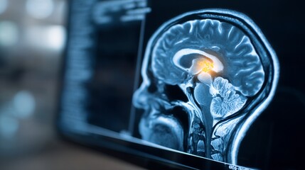 Close-up of neurological MRI scan showing white matter lesions, representing multiple sclerosis diagnosis and brain disease research, medical concept with copy space.	