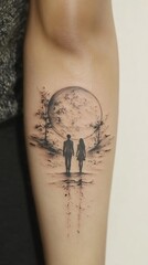 Tattoo depicts a couple walking towards a large moonlit backdrop with forest elements. Ink art on arm