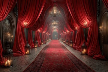 Red draped hallway with lanterns creating an elegant atmosphere for special events in an opulent setting