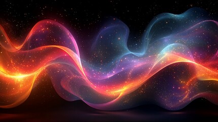 Abstract, glowing, colorful, wavy energy ribbons against a dark background, filled with shimmering particles
