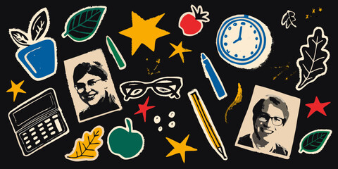 Retro collage of school supplies and portraits on a black background