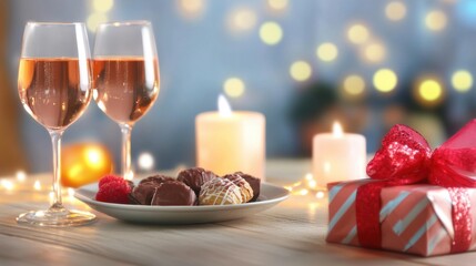 Fototapeta premium Celebration with sparkling drinks, chocolates, and a gift on a festive table