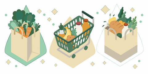 Groceries in shopping bags and cart with fresh produce and beverages