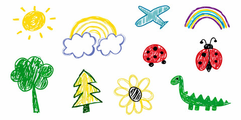 Childlike drawings of nature animals and transportation