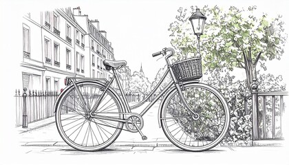 Fototapeta premium Monochrome pencil sketch of a vintage bicycle parked near the Eiffel Tower, capturing Parisian charm with delicate lines and classic urban elegance. 