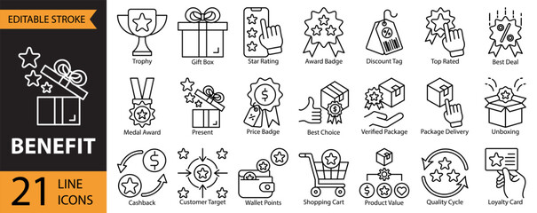 Benefit icon set collection in outline style. An icon pack contain reward, loyalty, star, award, bonus, winner, trophy, star rating, best choice, top rated, best deal, gift box, gift, present, coupon
