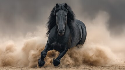 Powerful black horse galloping through sand at sunset, showcasing strength and grace in motion