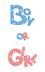 boy or girl vertical banner for gender party. boy or girl letter pillow. flat color illustration on white. banner for pregnant holiday. find out the gender of baby. blue and pink, hearts and triangles