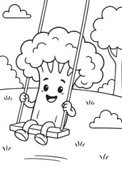 Coloring book broccoli happily swinging on a swing in a park.