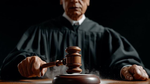 Judge in a robe striking a gavel with force, creating a cloud of smoke for dramatic effect, symbolizing a verdict, power, and the final decision in a court of justice