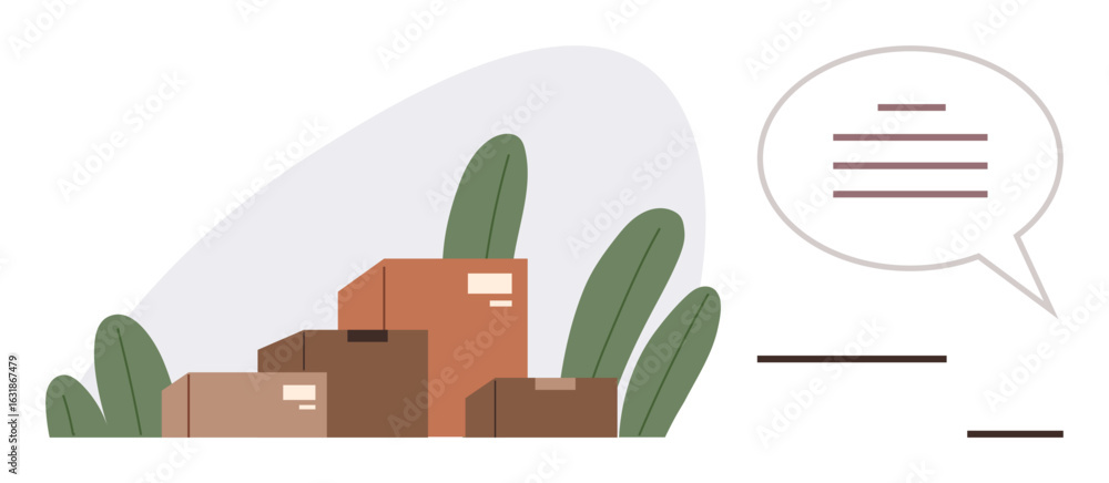 Aufkleber stack of cardboard boxes surrounded by plants and a speech bubble with lines symbolizing communicati