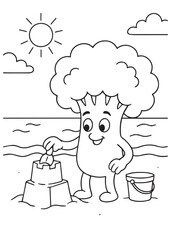 Coloring book broccoli building a sandcastle at the beach.