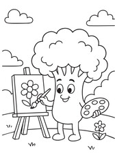 Coloring book broccoli painting a flower on a canvas outdoors.
