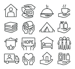 Charity and support icon set: shelter, food, hope, community, care