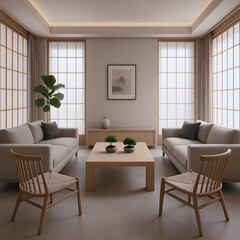 Fototapeta premium Modern Minimalist Living Room Interior with Natural Light and Wooden Furniture.