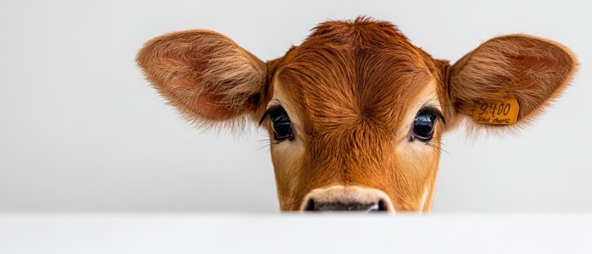 The adorable calf peeking over a surface with curious eyes.