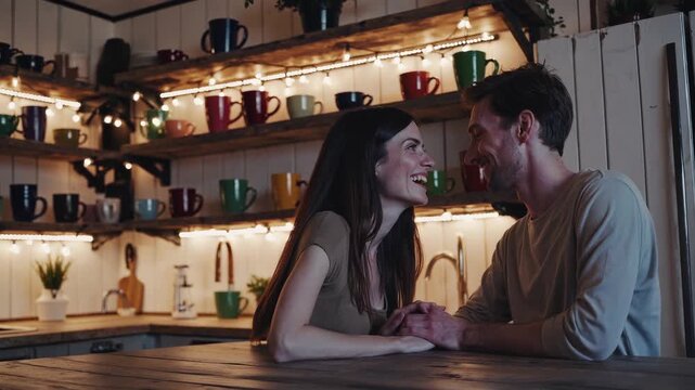 Couple leaning close while holding hands across cozy kitchen table. Warm lighting and colorful cups behind them. Romantic indoor autumn moment. Happy couple love scene. Cozy atmosphere indoors.