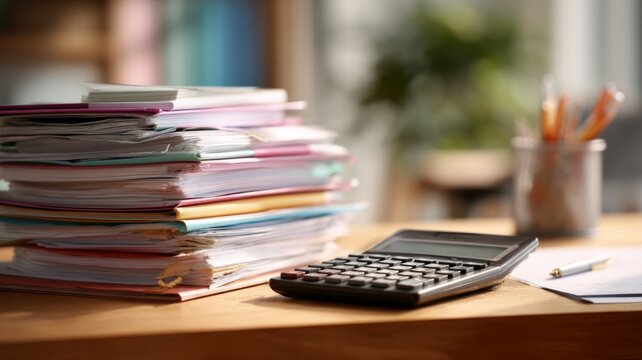 Managing debt with guides and calculator on a desk during a productive work session - Powered by Adobe