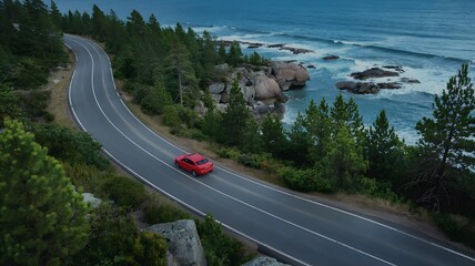 Red car driving scenic coastal road, ocean views, adventure travel, summer vacation, open road freedom