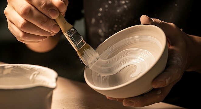 Close-up of a potter applying glaze to a ceramic bowl with a brush in studio