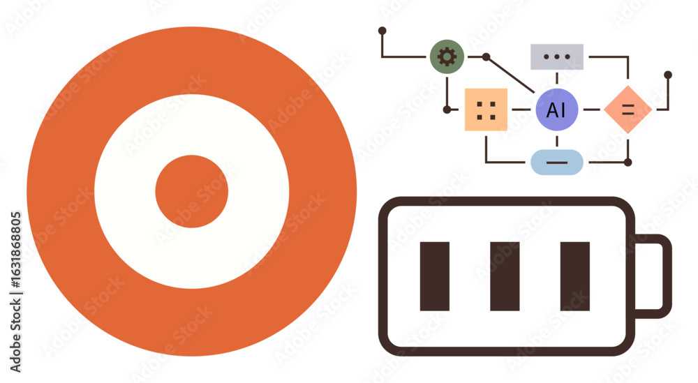 Aufkleber circular target, ai workflow with process nodes, and battery icon highlight goals, automation, techn