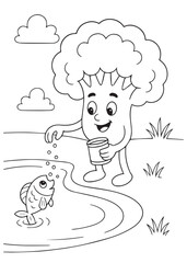 Coloring book broccoli fishing at a pond.