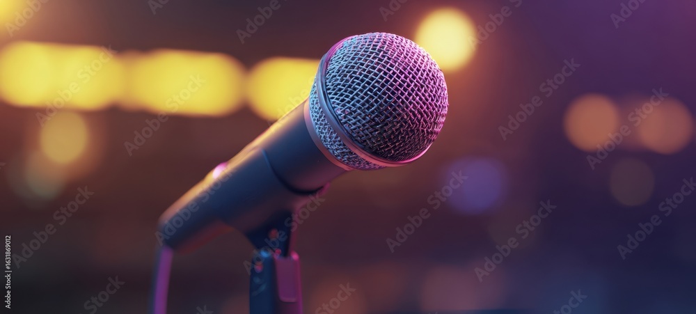 Poster the microphone ready for performance with colorful background lighting