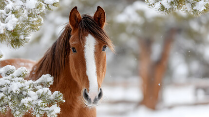 Majestic brown horse with white stripe stands amidst snow-covered trees, showcasing winter beauty and tranquility in a serene landscape. Selective focus