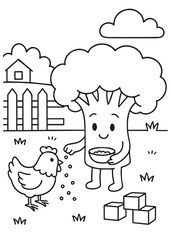 Coloring book broccoli feeding chickens on a farm.