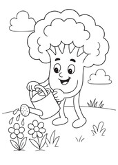 Coloring book broccoli watering flowers in a garden.