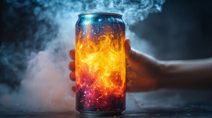 A hand holds a cosmic soda can emanating fire and nebulae, surrounded by smoke. Fantasy beverage concept