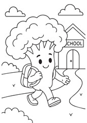 Coloring book broccoli walking to school with a backpack.