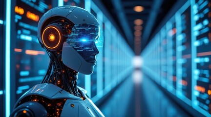 Advanced robot head with glowing blue eyes in futuristic server room