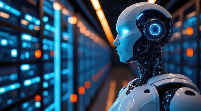 Advanced ai robot with glowing blue eyes in a futuristic server room - Powered by Adobe