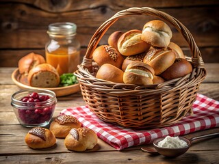 Photo of a rustic woven basket overflowing with freshly baked bread rolls and buns, accompanied by a jar of juice and a bowl of berries on a wooden table