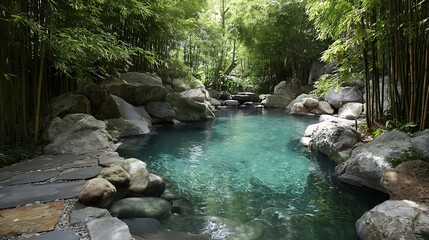 A Serene Natural Swimming Pool Oasis surrounded by Bamboo and Rocks, very calming