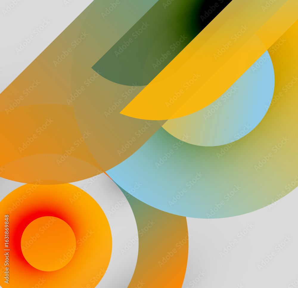 Poster abstract composition. overlapping translucent shapes create vibrant color blends. minimalist design,