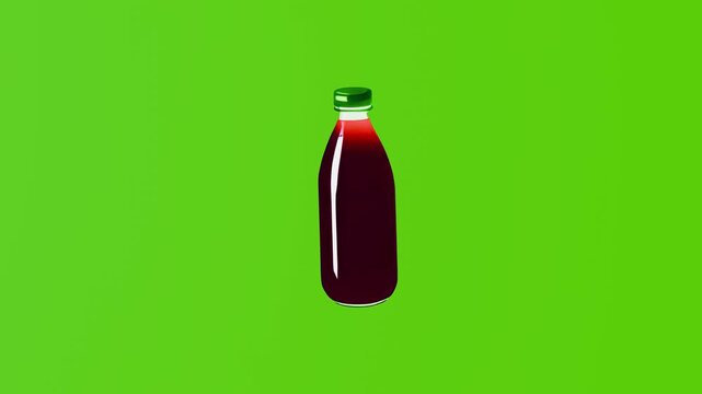 A single dark red juice bottle with a green cap displayed on a vivid green backdrop, minimalistic design emphasizing beverage packaging concept
