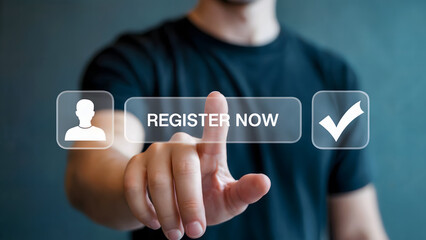 Man's finger presses 'Register Now' button on virtual interface for seamless online sign-up